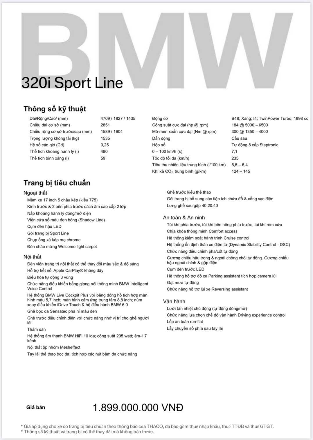 Thông số ký thuật BMW 320i Sport Line.