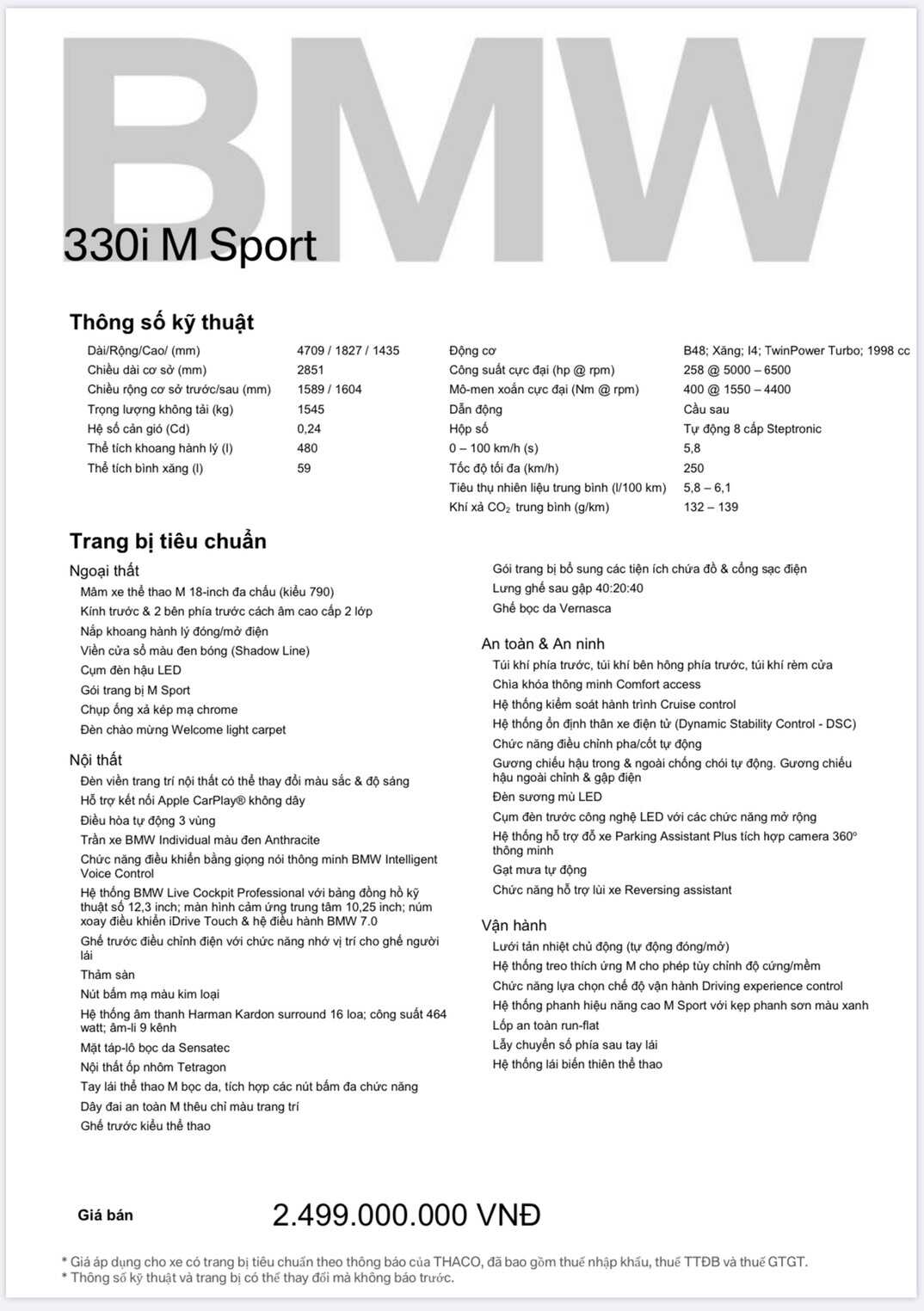 Thông số kỹ thuật của BMW 330i M Sport