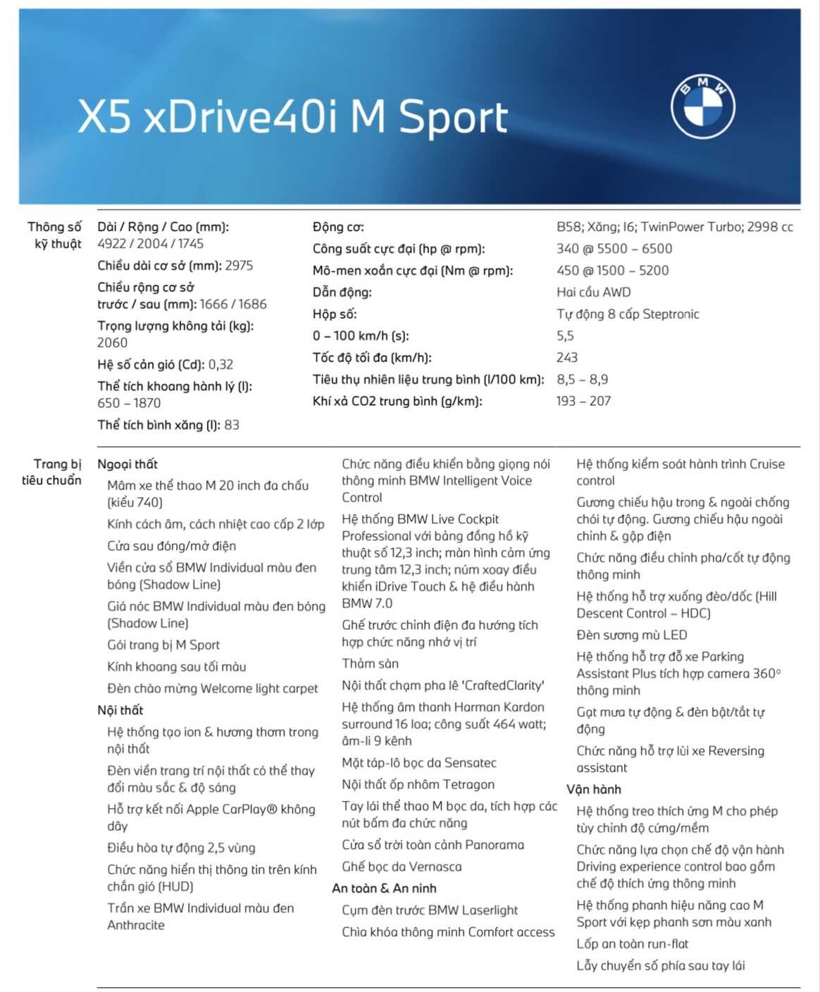 Thông số kỹ thuật BMW X5 xDrive40i M-Sport.
