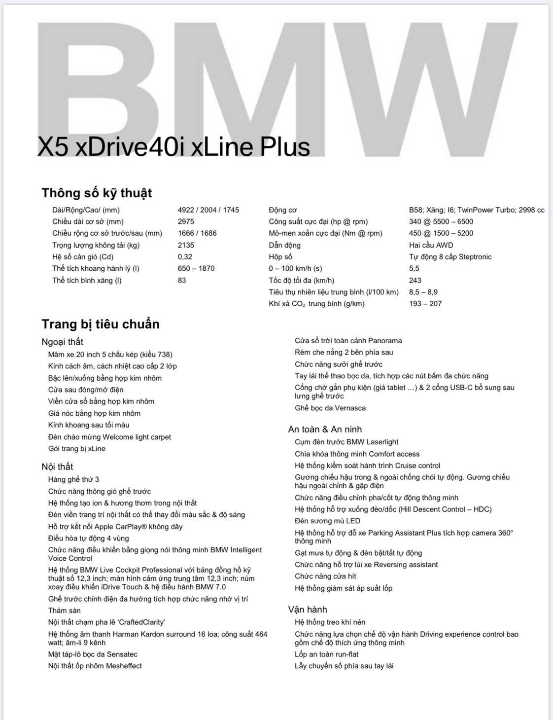 Thông số kỹ thuật BMW X5 xLine Plus 2021
