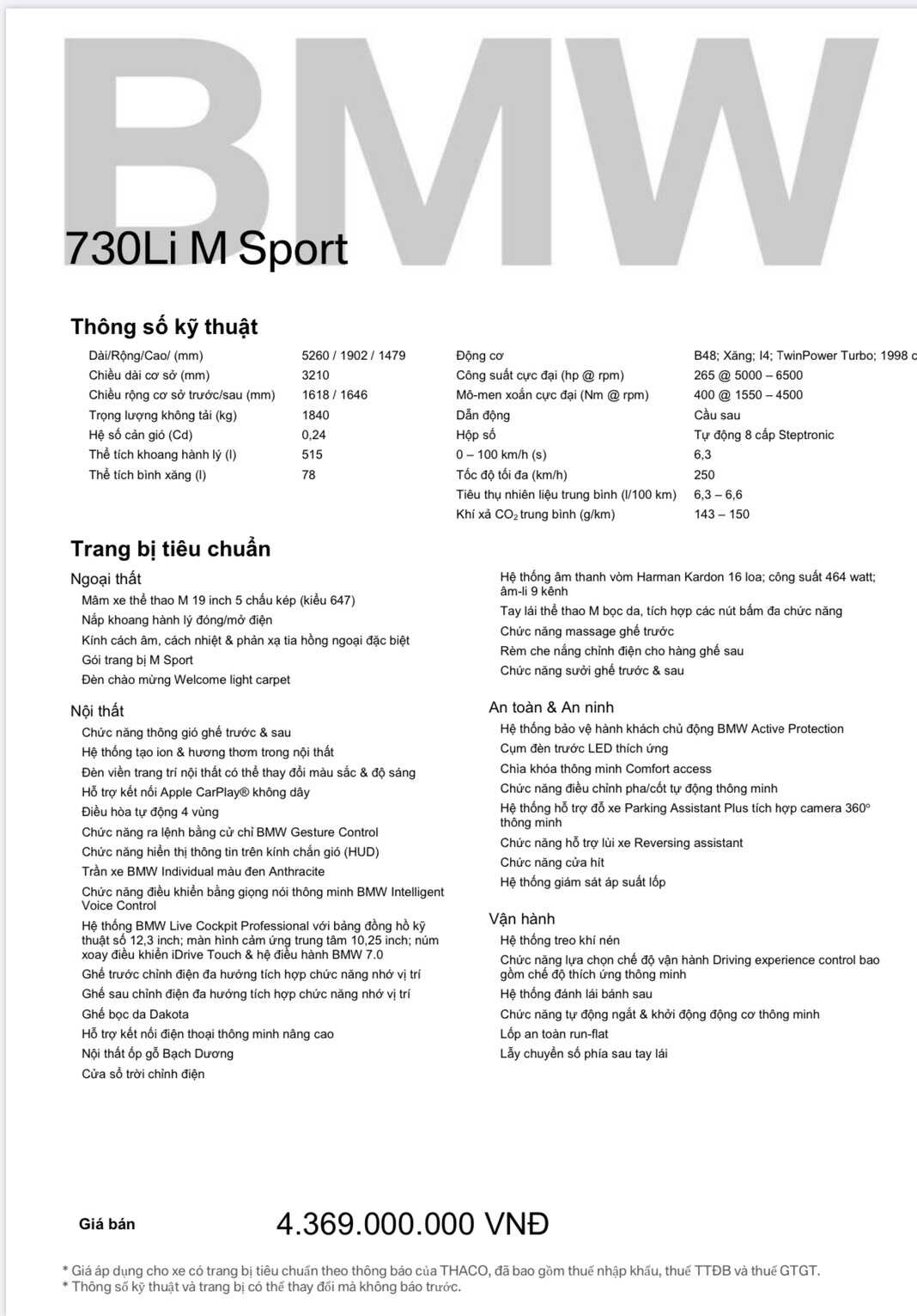 Thông số xe BMW 730Li M Sport 2021