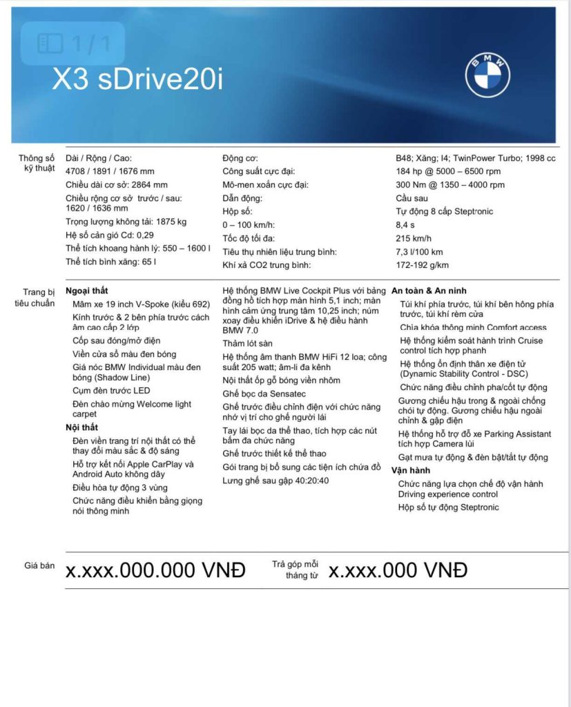 Thông số kỹ thuật BMW X3 sDrive20i LCI 2023.
