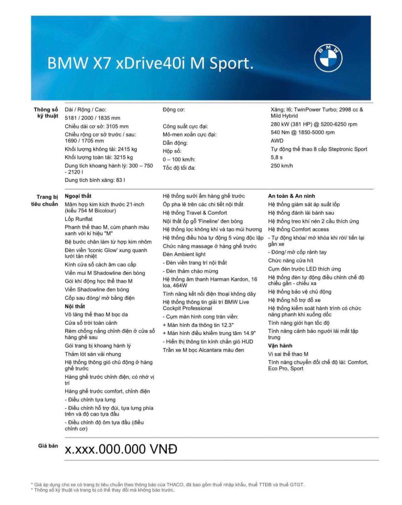 Thông số kỹ thuật BMW X7 xDrive40i M Sport LCI 2023.